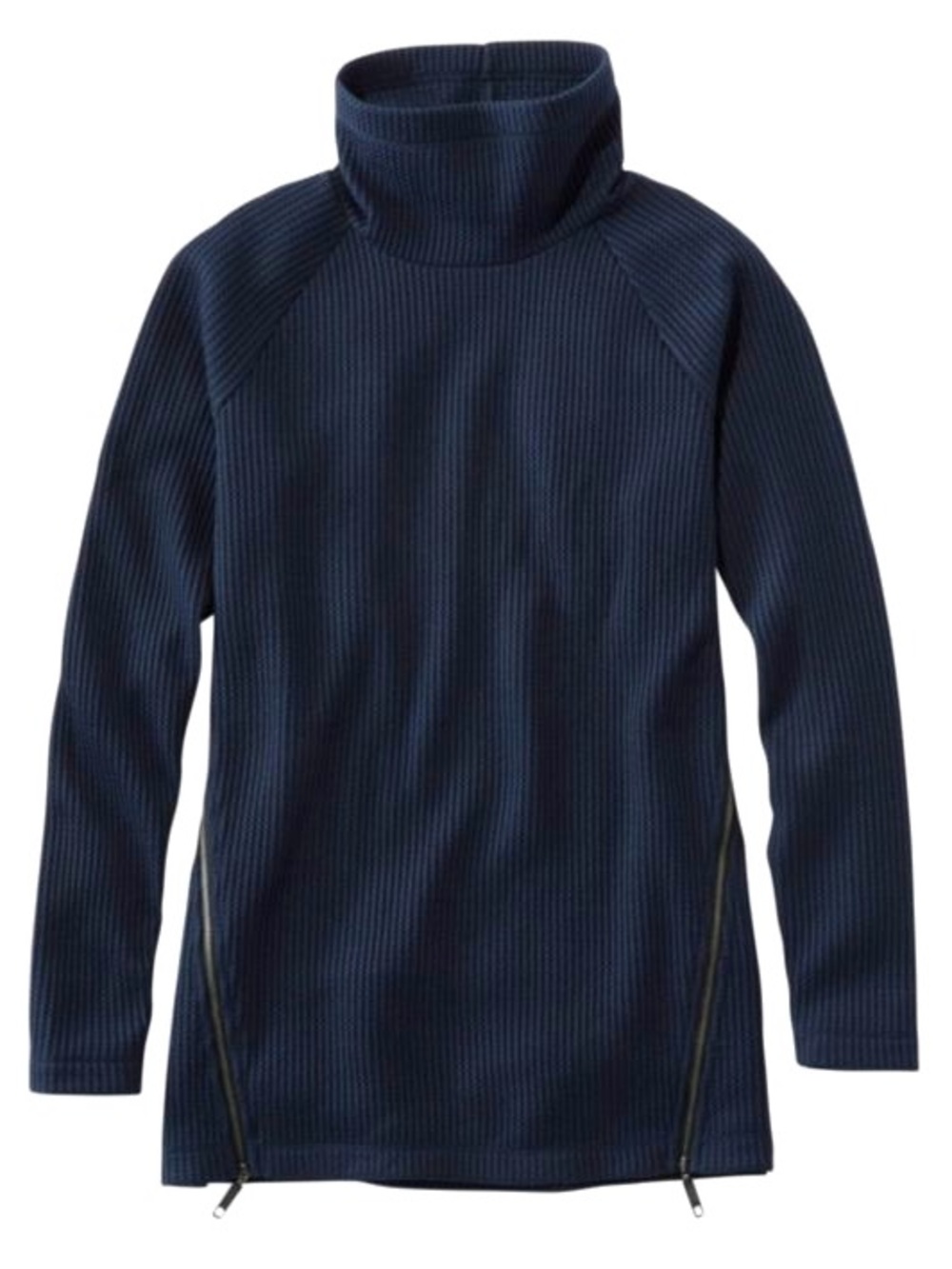 LL Bean Signature Funnel Neck Waffle Sweater Tunic Length Side Zippers Navy L